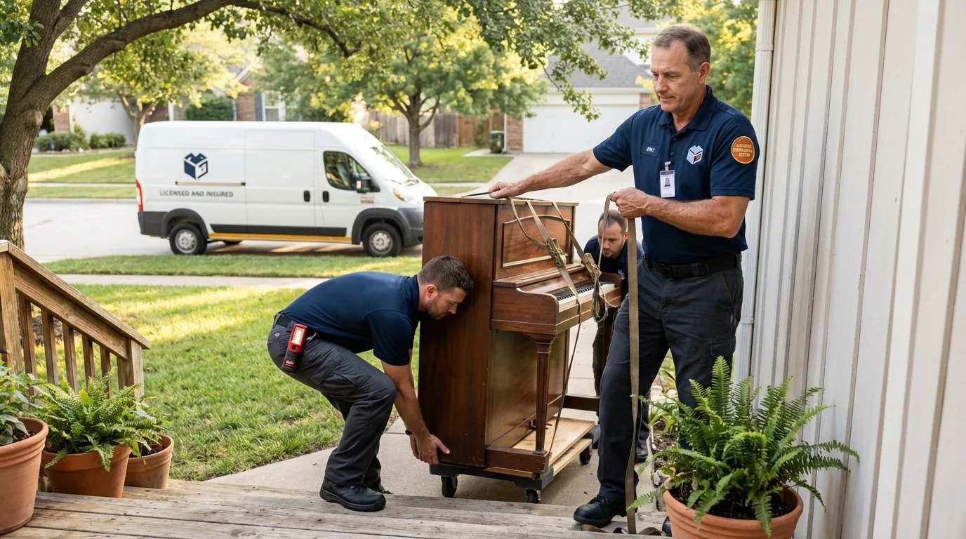 Licensed piano movers securing grand piano in New Port Richey, FL