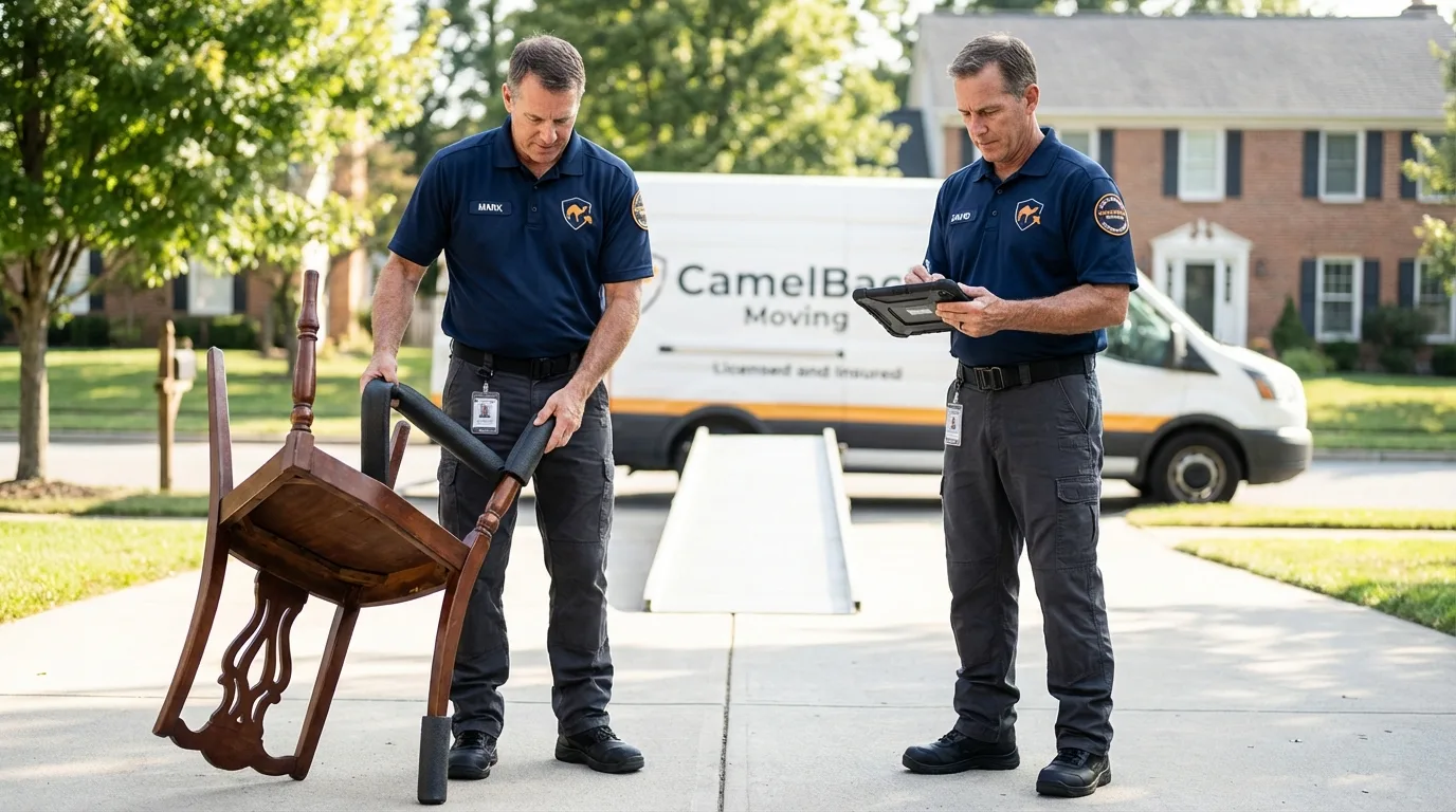 Movers inspecting furniture for damage prevention before loading in New Port Richey, FL
