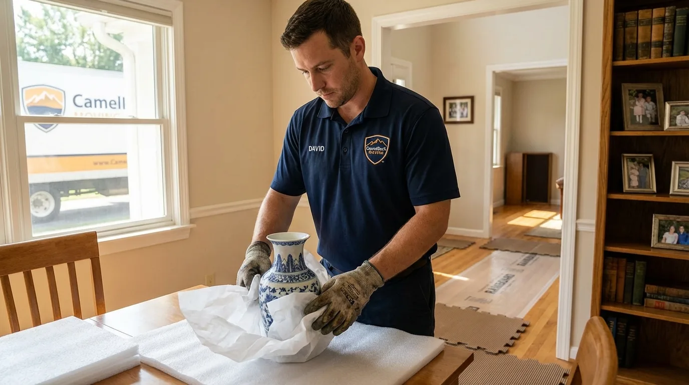 Professional crew carefully wrapping antique vase for senior downsizing move in New Port Richey, FL